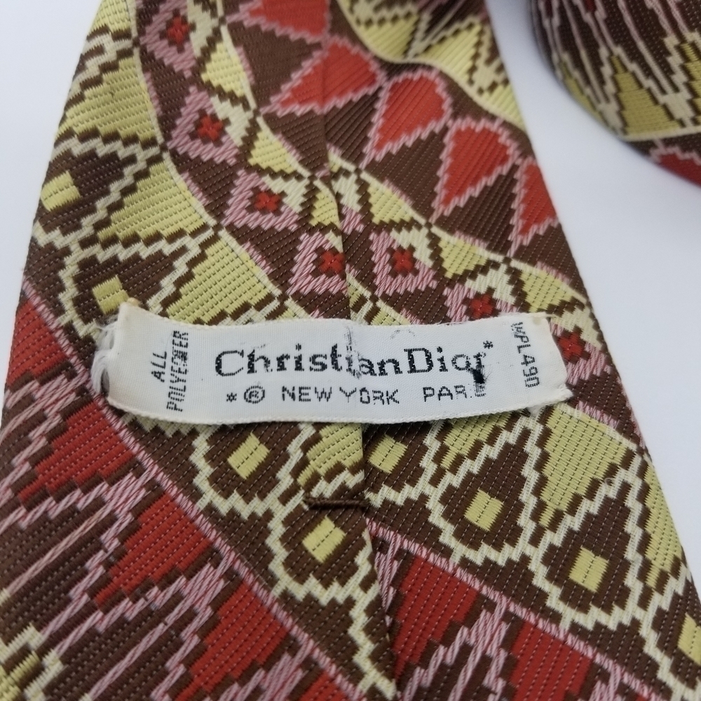 vintage Christian Dior woven geometric tie red brown yellow pink - Picture 2 of 3